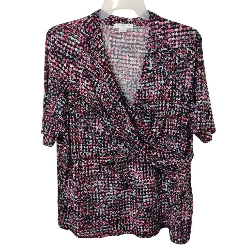 Liz Claiborne Blouse Womens 2X Pink Black Geometric Faux Wrap Surplice Knit Top